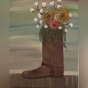 Cowboy Boot Vase Floral Canvas Art - Brown Boot with Sunflowers